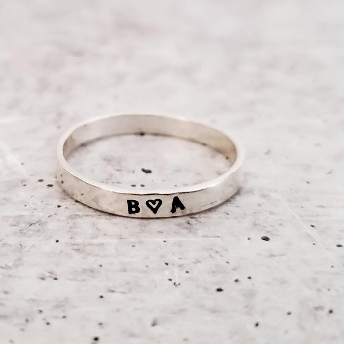 Personalized Sterling Silver Name Ring – Hand Stamped Skinny Stacking Band – Custom Word, Date or Initial Ring Salt and Sparkle