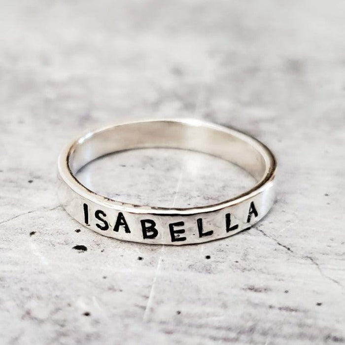 Personalized Sterling Silver Name Ring – Hand Stamped Skinny Stacking Band – Custom Word, Date or Initial Ring Salt and Sparkle