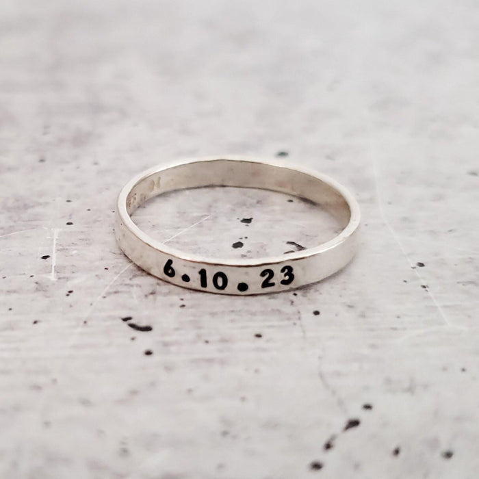 Personalized Sterling Silver Name Ring – Hand Stamped Skinny Stacking Band – Custom Word, Date or Initial Ring Salt and Sparkle