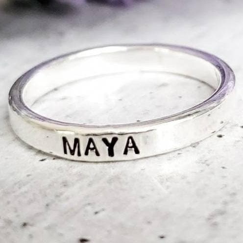 Personalized Sterling Silver Name Ring – Hand Stamped Skinny Stacking Band – Custom Word, Date or Initial Ring Salt and Sparkle