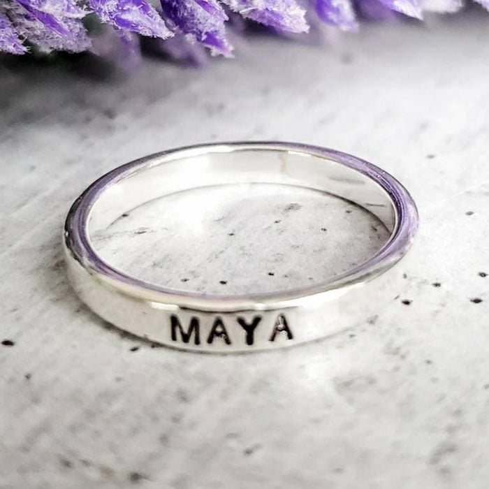 Personalized Sterling Silver Name Ring – Hand Stamped Skinny Stacking Band – Custom Word, Date or Initial Ring Salt and Sparkle
