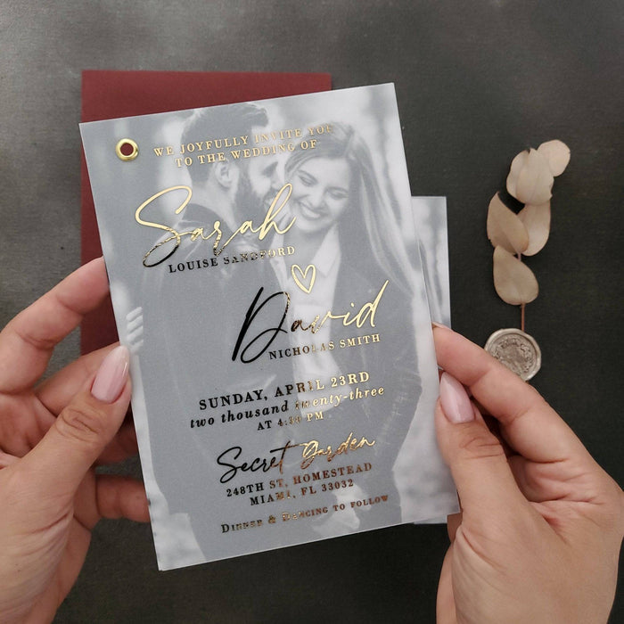 Gold Foiled Wedding Invitation with Vellum and Picture - XOXOKristen