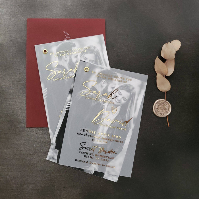 Gold Foiled Wedding Invitation with Vellum and Picture - XOXOKristen