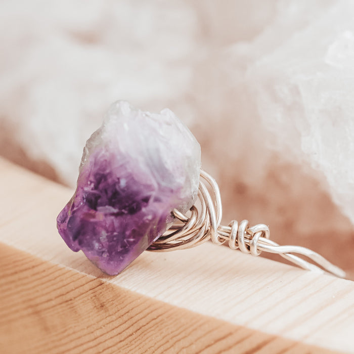 Raw Amethyst Crystal Ring – Hand Wrapped Purple Stone Ring Salt and Sparkle