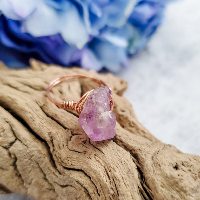 Raw Amethyst Crystal Ring – Hand Wrapped Purple Stone Ring Salt and Sparkle