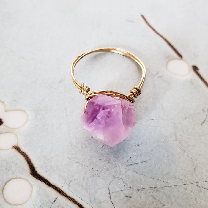 Raw Amethyst Crystal Ring – Hand Wrapped Purple Stone Ring Salt and Sparkle