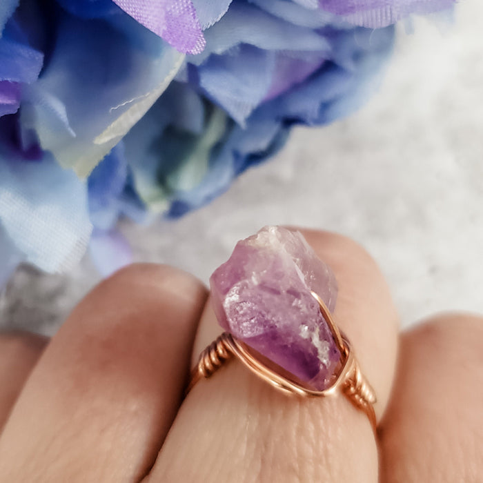 Raw Amethyst Crystal Ring – Hand Wrapped Purple Stone Ring Salt and Sparkle