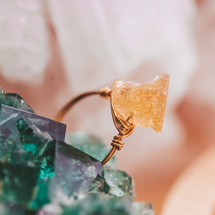 Raw Citrine Ring, Wire Wrapped Crystal Ring, November Birthstone Jewelry, Golden Healing Stone Ring, Handmade Minimal Boho Ring Salt and Sparkle