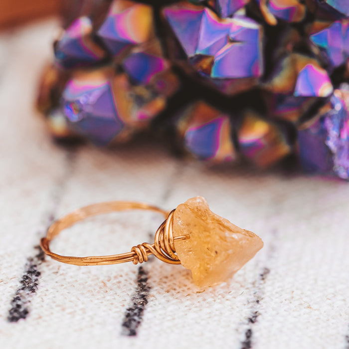 Raw Citrine Ring, Wire Wrapped Crystal Ring, November Birthstone Jewelry, Golden Healing Stone Ring, Handmade Minimal Boho Ring Salt and Sparkle