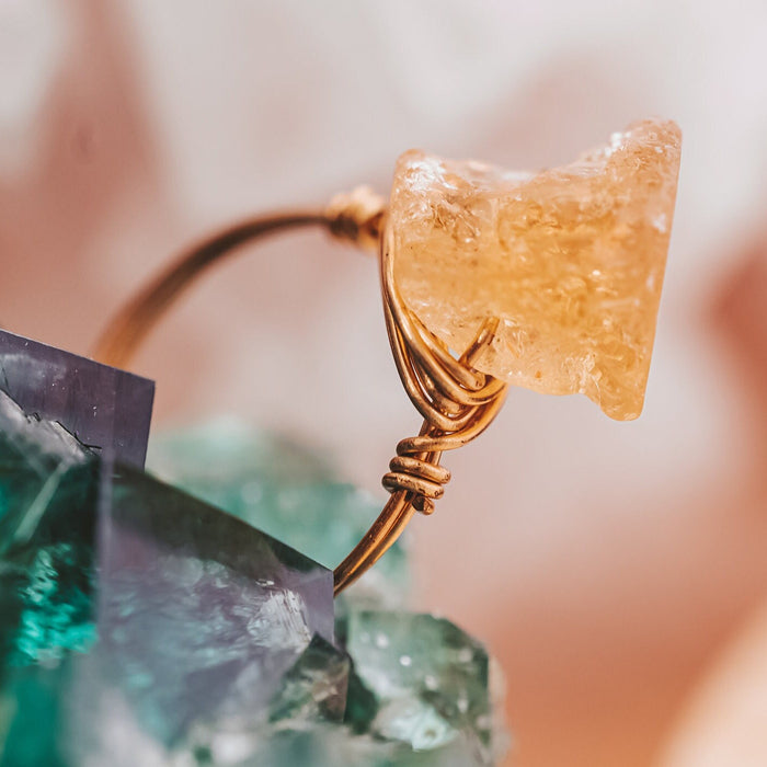 Raw Citrine Ring, Wire Wrapped Crystal Ring, November Birthstone Jewelry, Golden Healing Stone Ring, Handmade Minimal Boho Ring Salt and Sparkle