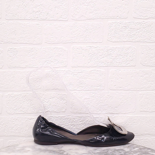 ROGER VIVIER BLACK PATENT LEATHER D’ORSAY FLATS WITH BUCKLE - SIZE 38