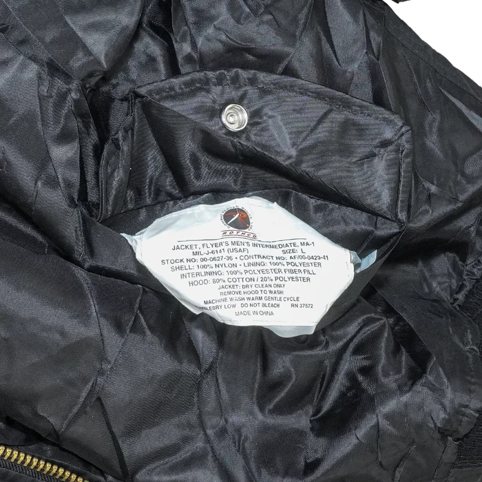Rothco Black MA-1 Flight Jacket with Hood - Large - Rothco - Flight Jackets