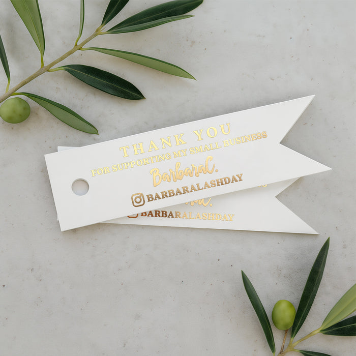 XOXOKristen gold foil Small Business Thank You Tags featuring metallic lettering “Thank you for supporting my small business” and space for logo or handle — elegant white flag tags for packaging or client gifts.