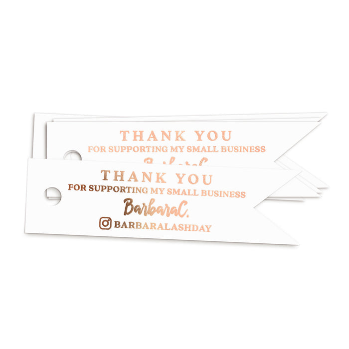 XOXOKristen rose gold Small Business Thank You Tags printed on white cardstock with shimmering foil text and Instagram icon — ideal for personalized business packaging and product branding.