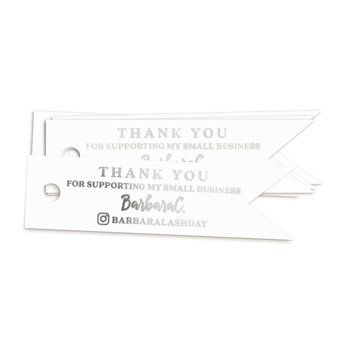 XOXOKristen silver foil Small Business Thank You Tags with clean modern typography and social handle area, printed on white card — perfect for boutique and handmade product branding.
