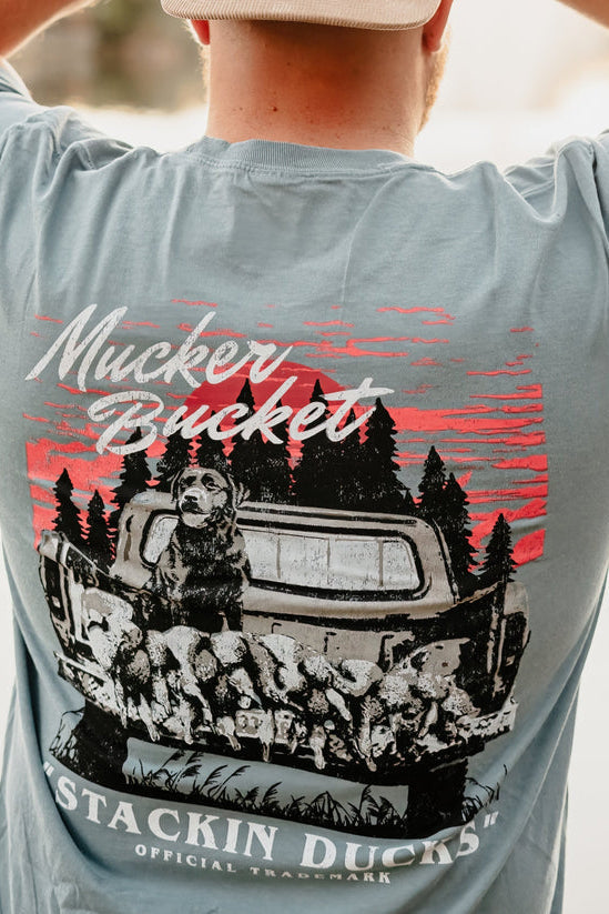 mucker bucket - stackin' ducks tee shirt back on model