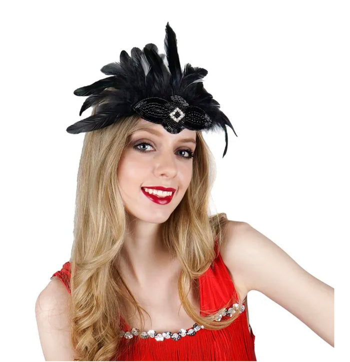 Striped Hackle Feather Bejeweled Satin Flapper HBD