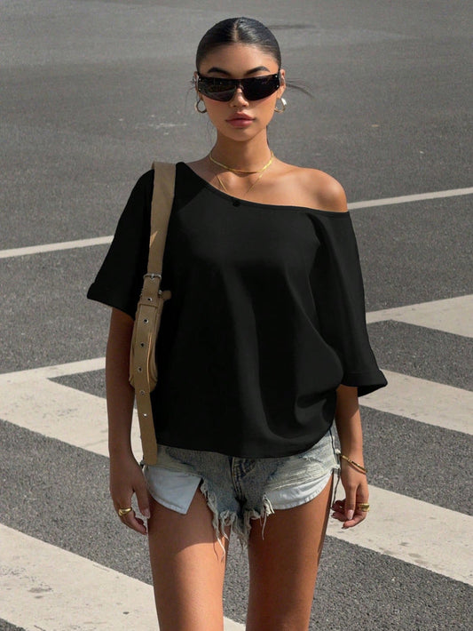 SXV Black Knitted Loose Fit Sleeveless T-Shirt For Women, Summer Off The Shoulder Top