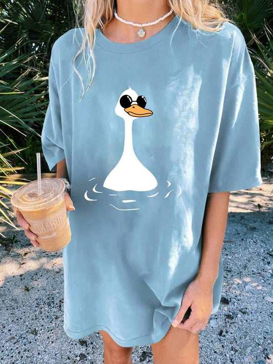 SXV Summer Loose Fit Duck Cartoon Printed Round Neck T-Shirt Graphic Tees Women Tops