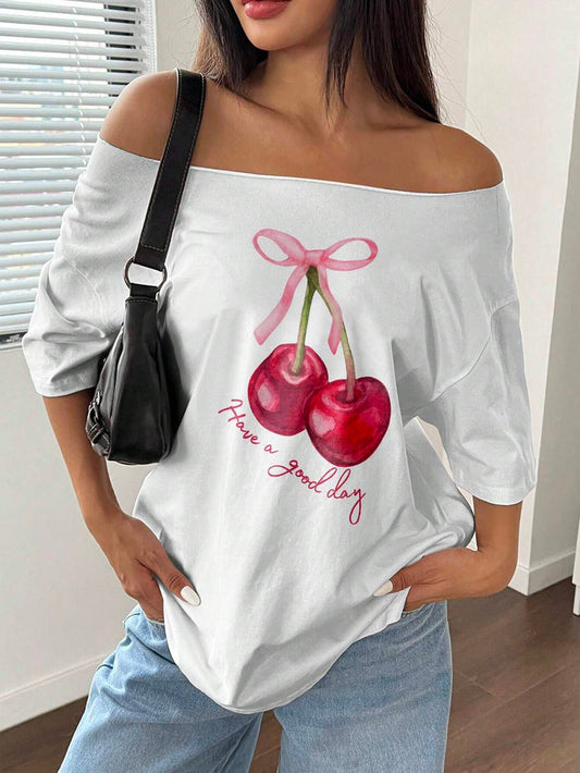 SXV Women Off-Shoulder Bow Print Simple Casual T-Shirt Graphic Tees Women Tops