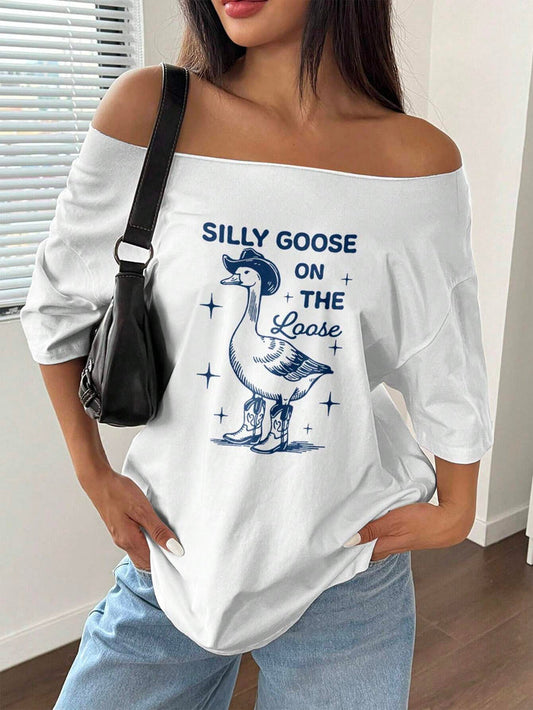 SXV Women's Asymmetrical Neck Loose T-Shirt Graphic Tees Women Tops