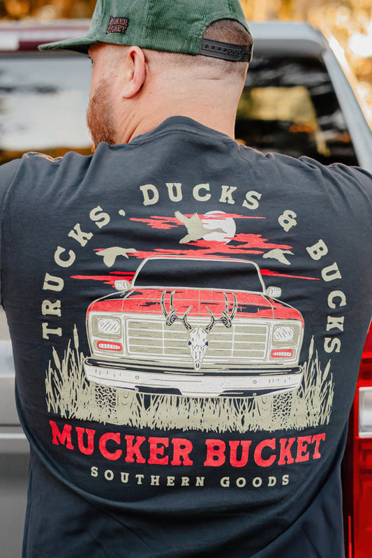 mucker bucket - trucks, ducks & bucks premium tee back on model