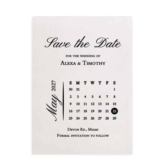 Elegant “Save the Date” wedding card printed in classic black ink on matte white cardstock, featuring minimalist calendar layout and modern serif fonts – XOXOKristen