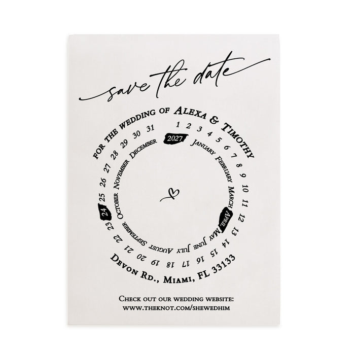 Translucent vellum Save the Date card printed in elegant black ink with circular calendar layout and minimalist heart detail – XOXOKristen