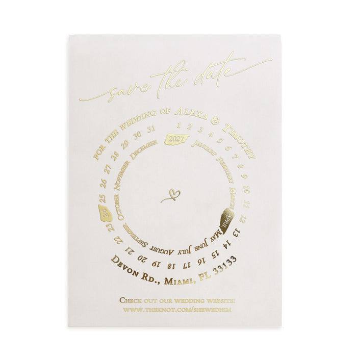 Modern vellum Save the Date card featuring gold foil circular calendar design and romantic script typography – XOXOKristen