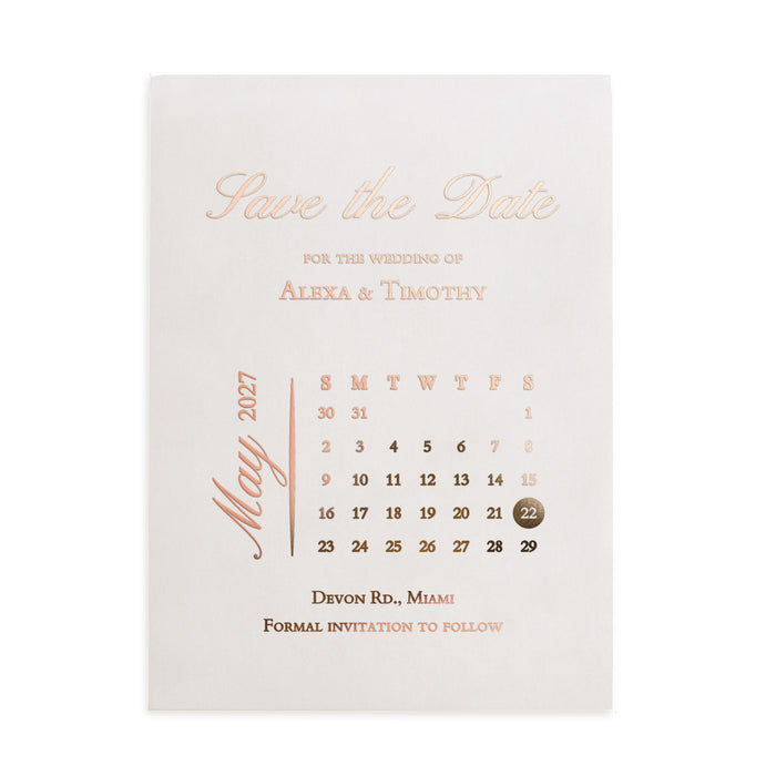 Rose-gold foiled “Save the Date” wedding card with modern serif type and clean minimalist layout on premium vellum card – XOXOKristen
