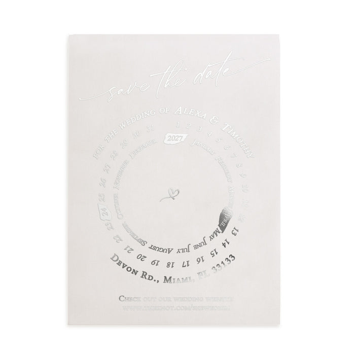 Vellum Save the Date card with metallic rose-gold foil text and minimalist calendar design on translucent frosted surface – XOXOKristen