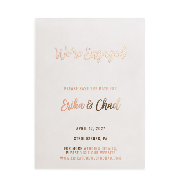 A rose gold printed vellum Save the Date on a white background, showcasing clean typography and shimmering foil for a sleek, minimal presentation - XOXOKristen