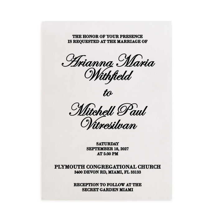 elegant vellum wedding invitation printed with classic black serif and cursive fonts on translucent frosted paper, featuring formal invitation wording and minimal layout, perfect for modern luxury weddings and timeless stationery suites – XOXOKristen