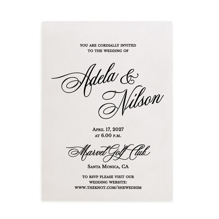 Translucent vellum wedding invitation with elegant script text “You are cordially invited to the wedding of” printed in black ink on frosted vellum paper, showcasing refined typography – XOXOKristen