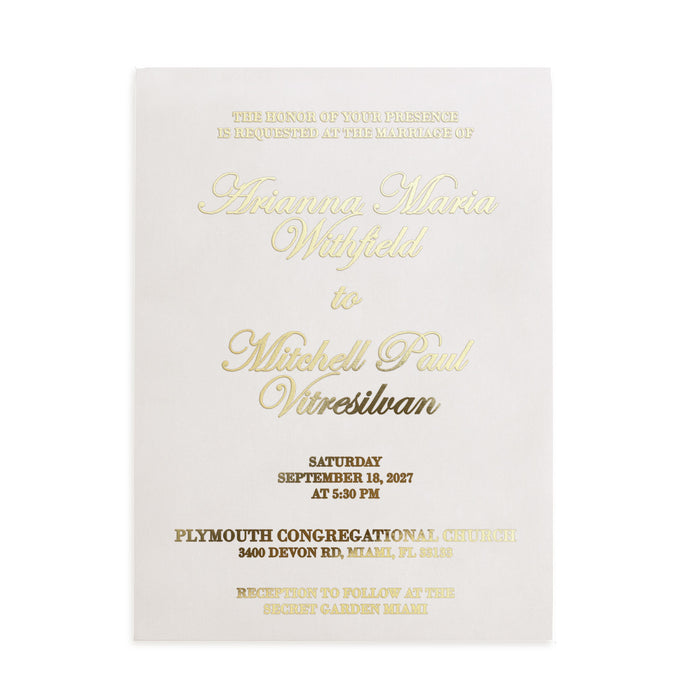 vellum wedding invitation printed with metallic gold foil lettering, combining serif and script typography on transparent frosted paper, ideal for luxury weddings and sophisticated stationery collections – XOXOKristen