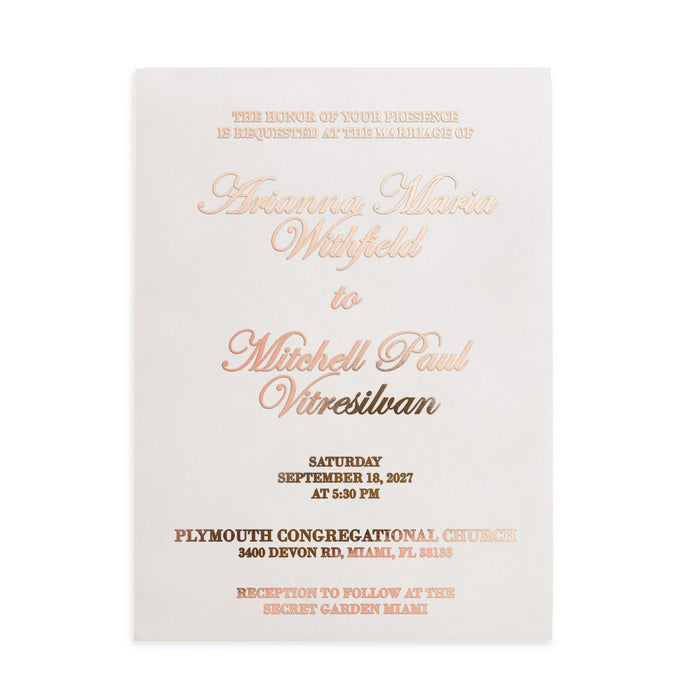 personalized vellum wedding invitation featuring rose gold foil text on semi-transparent frosted paper, combining modern minimalism with soft romantic tones, perfect for elegant wedding suites – XOXOKristen