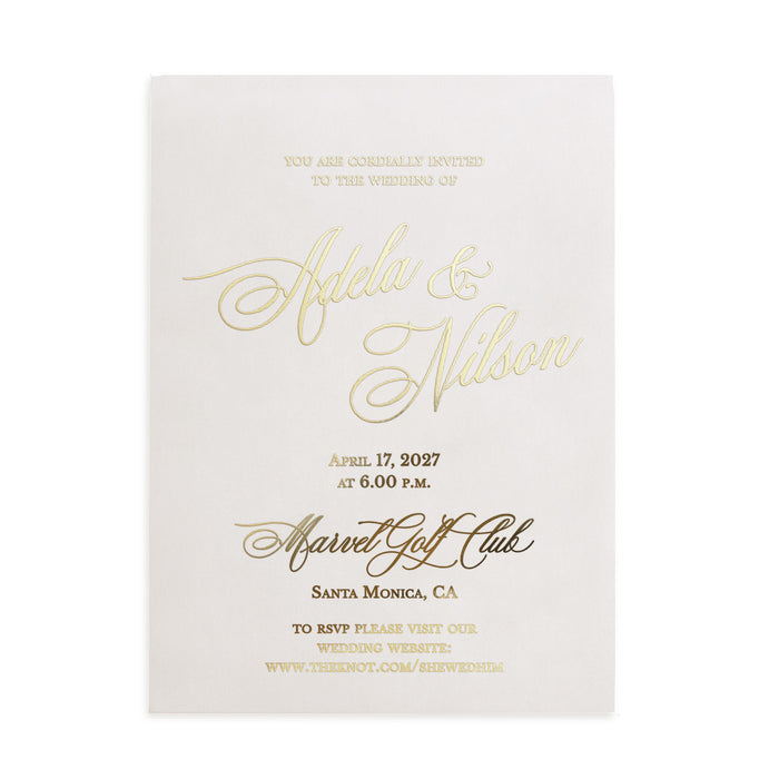 Minimalist vellum invitation with bold calligraphy “You are cordially invited”, printed in metallic gold foil on translucent paper, photographed on neutral background – XOXOKriste
