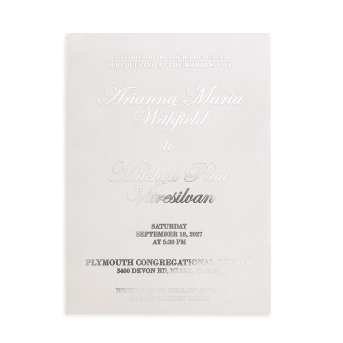 minimalist vellum wedding invitation with silver foil print, showcasing classic serif and cursive fonts on translucent paper, refined and timeless stationery for modern wedding designs – XOXOKristen