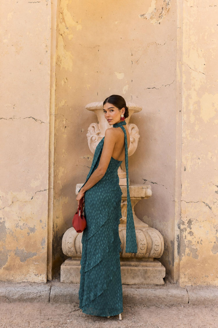 Vestido Florence Azul petróleo maxi halter de tirantes de Lady Pipa para invitada de boda.