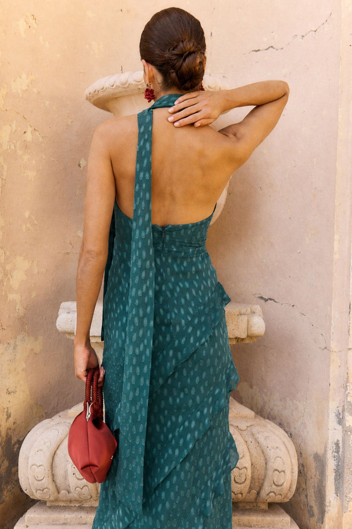 Vestido Florence Azul petróleo maxi halter de tirantes de Lady Pipa para invitada de boda.